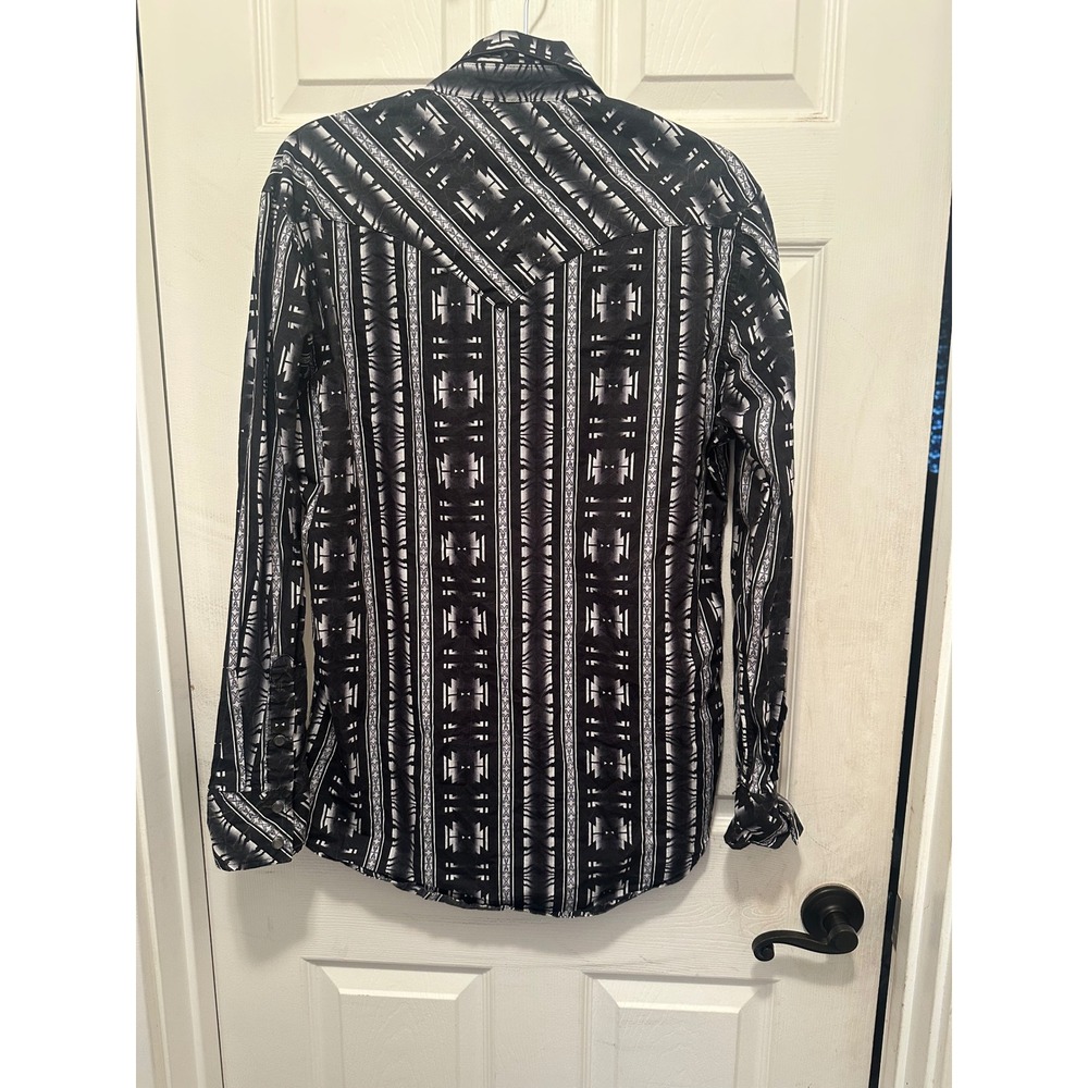 Rock and Roll Denim Mens Modern Fit Aztec Pearl Snap Western Shirt Black White M - Picture 3 of 6